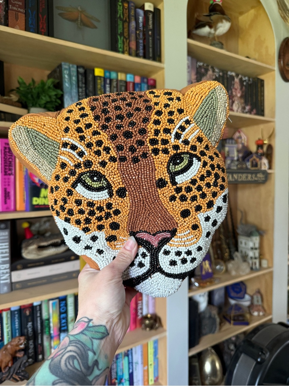 Beaded Leopard Face accent pillow - Orange & White